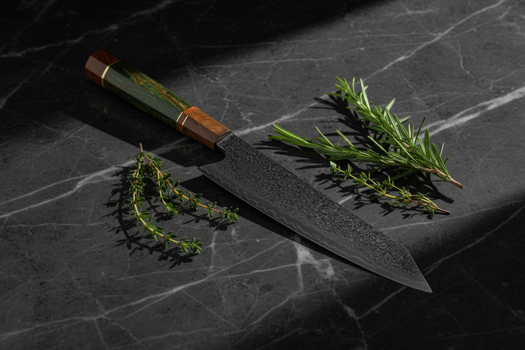 Raiden Gyuto — Marbre sombre herbes